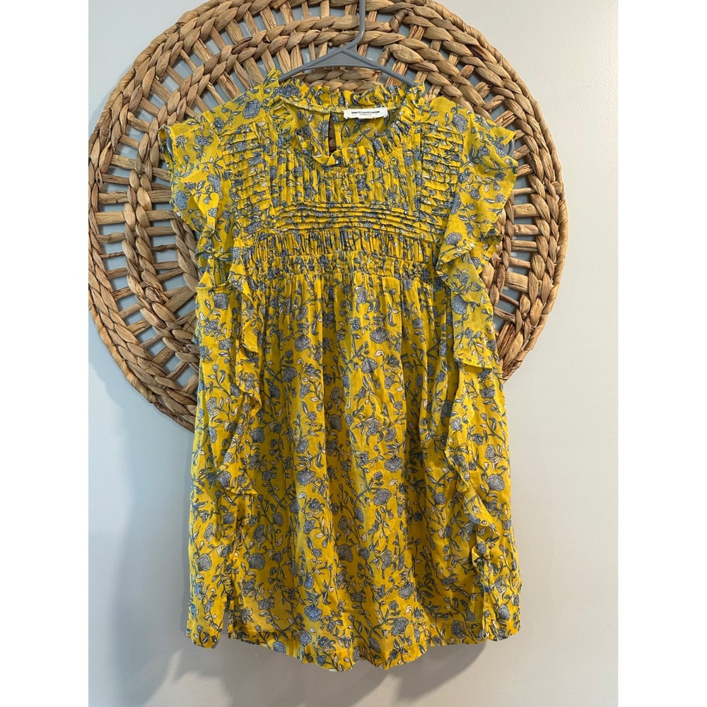 Beachlunchlounge Yellow Floral Smocked Ruffle Sleeveless Blouse XS Cotton